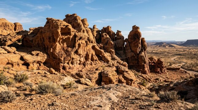 Craggy desert rock formations sculpted by wind erosion under a bright blue sky