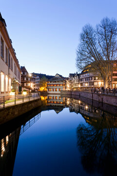 France, Alsace, Strasbourg, Petite-France, L'ill River, View of Place Benjamin Zix at night