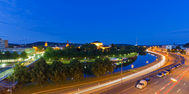 Germany, Saarland, View of express highway with Saar River and city