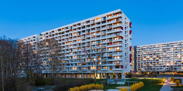 Germany, Stuttgart, Hallschlag, high-rise district at blue hour