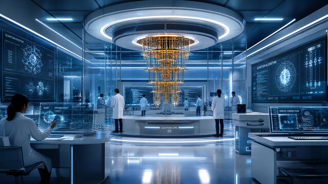 Quantum computer laboratory with scientists. Advanced research facility with data screens.