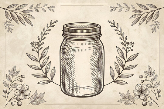 Vintage hand drawn glass mason jar with decorative floral elements, illustration