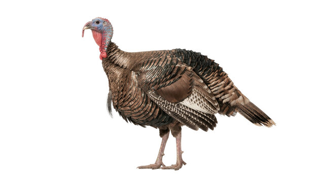 Male turkey stands in profile against a white background, displaying its brown feathers and red wattle.
