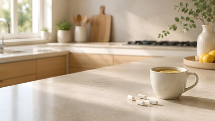Fototapeta premium Daily wellness routine with lemon tea and vitamin capsules in a bright kitchen