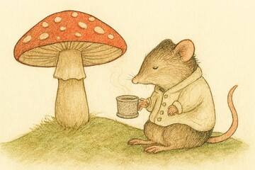 Cute shrew drinking hot tea under large red mushroom © Oleh