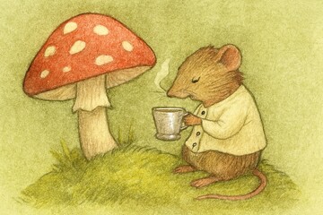 Adorable forest creature drinking tea beside big fly agaric © Oleh