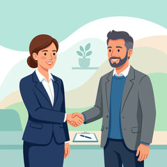 Fototapeta premium Business professionals, a man and a woman, shaking hands in agreement, flat illustration style