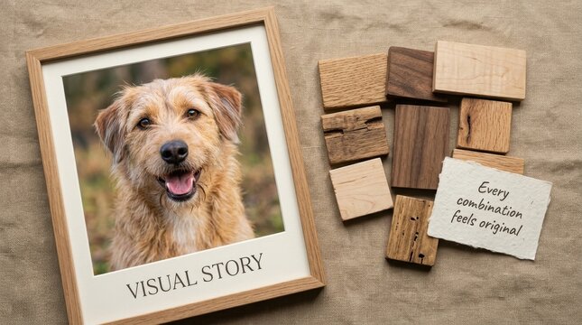 Charming framed portrait of a smiling scruffy dog alongside rustic wooden swatches and a creative note on a natural fabric surface, showcasing unique interior design elements and visual storytelling..