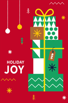 Modern Christmas poster with a tall stack of colorful geometric gift boxes on a red background. Ideal for holiday cards, posters, invitations, stationery and seasonal advertising.
