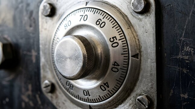 Detailed close-up of a combination lock dial with numbered markings, representing security, safety, privacy, access control, safes, codes, and secure storage. Perfect for security.
