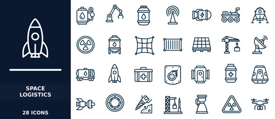 Space logistics icons set collection of thin line icons for space exploration, planetary colonization, and orbital infrastructure © Mahi
