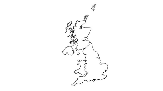 United Kingdom and Ireland map outline vector illustration featuring simple black line art border of UK and British Isles isolated on white background