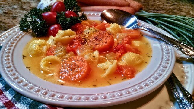 Hearty pasta and vegetable soup served in a decorative bowl.