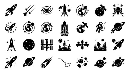 Space exploration and astronomy black silhouette icon set featuring rockets spaceship planets astronaut satellite meteor and galaxy symbols isolated on white background © Salma