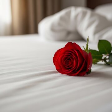 A single red rose rests on crisp white sheets, bathed in soft morning light, a symbol of silent affection.