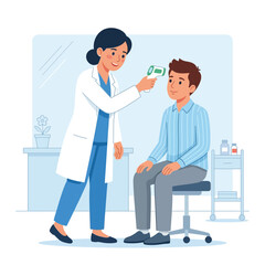 Fototapeta premium Doctor checking patient's temperature with infrared thermometer in clinic - Flat illustration style
