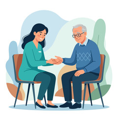 Fototapeta premium Caring Nurse Holding Hand of Elderly Man, Providing Comfort and Support - Flat Vector Illustration
