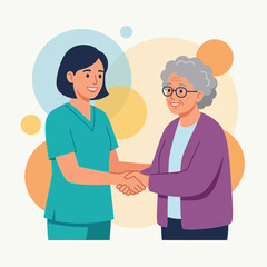 Fototapeta premium Caring Nurse Shaking Hands With Elderly Woman, Symbolizing Care, Support, and Connection in Healthcare