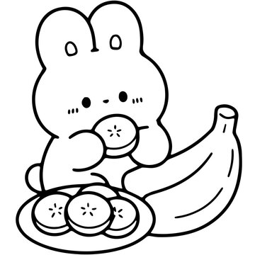 Adorable Bunny Enjoying Sliced Bananas and Fruit Doodle Handdrawn