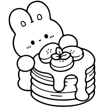 Cute Bunny Holding Delicious Pancakes with Bananas Doodle Handdrawn