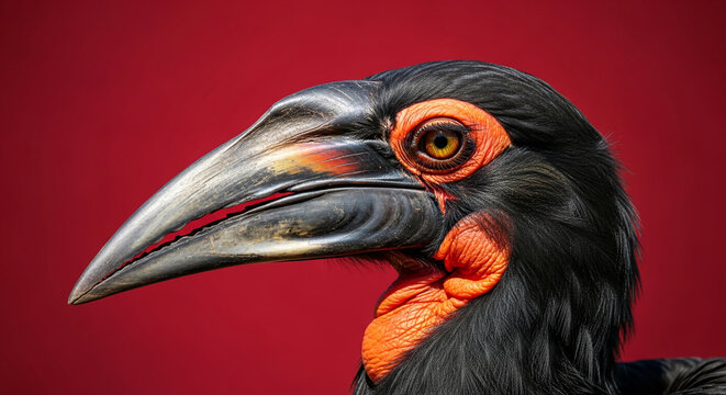 Close-up of a hornbill's head against a red background, showcasing its textured beak, bright orange wattles, and piercing yellow eye, symbolizing exotic wildlife and nature's vibrant colors