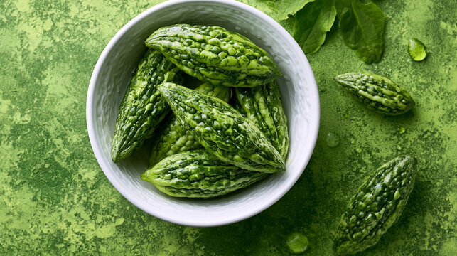 Fresh bitter melon or bitter gourd in a white bowl on a green textured background