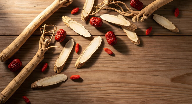 Sliced astragalus root and goji berries on wood.