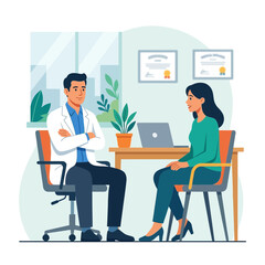 Fototapeta premium Doctor consulting patient in clinic office, healthcare consultation, medical check-up and advice, flat vector illustration