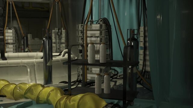 Space station experimental laboratory with stacked instrumentation racks, sensor modules and cable harnesses, teal protective sheeting and analysis consoles,
