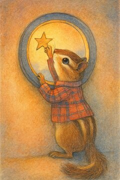 Cute chipmunk reaching for star through round window frame