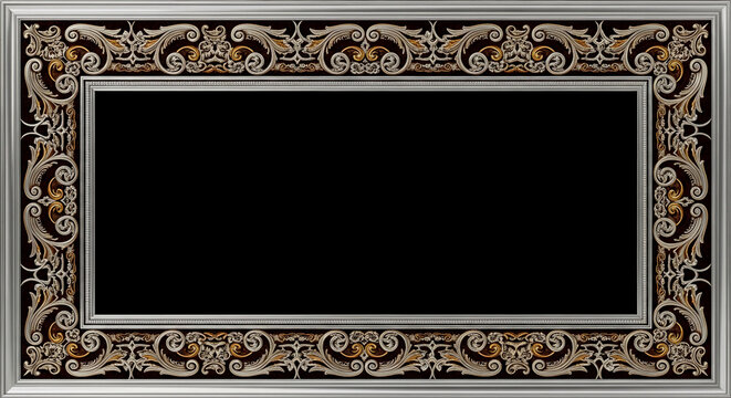 Ornate silver and gold border framing a blank black space, symbolizing luxury, elegance, and presentation.