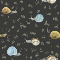 Cute Watercolor Snails Seamless Pattern with Grass on Dark Background © Tamila Smahliuk
