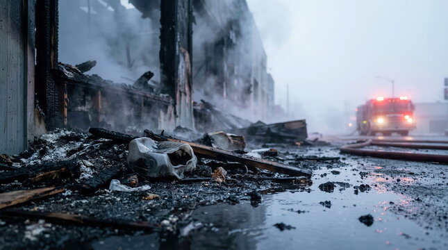 Fire damage with charred debris, smoke, and water puddles on street in urban area, emergency aftermath concept.
