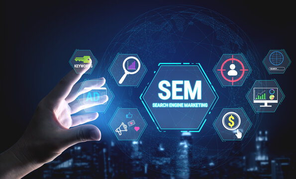 Digital Conceptualization of Search Engine Marketing with Interactive Icons Demonstrating Different Aspects of Online Advertisement and Analytics Fluxor.