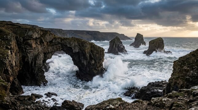 Dramatic sea stacks and natural arch carved by ocean waves against rugged coastal cliffs under a cloudy sky