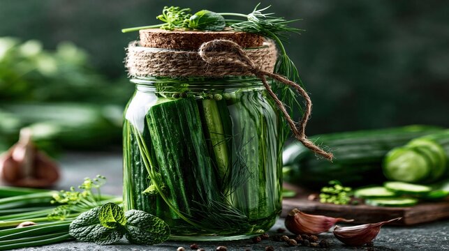 Preserved cucumbers and fresh ingredients are arranged around a glass jar.