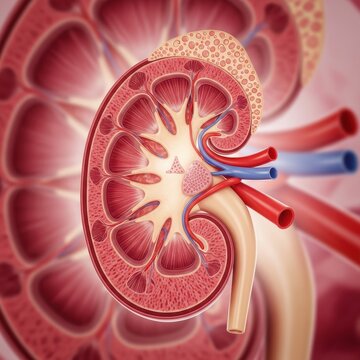 Detailed cross-section of a human kidney showcasing its intricate internal anatomy with renal cortex, medulla, artery, vein, and ureter.