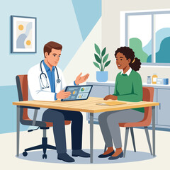 Fototapeta premium Doctor and Patient Consultation in Modern Clinic with Digital Health Records on Tablet