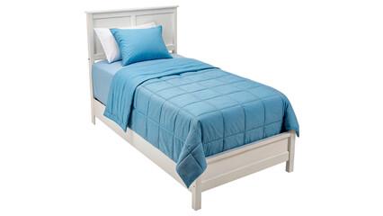 Fototapeta premium Classic single bed with blue mattress blanket and pillow furniture isolated on transparent background