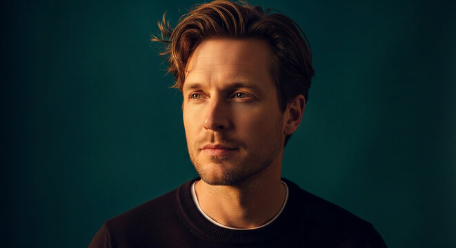 Close-up of a man's face with light brown hair and stubble, looking left. Symbolizes contemplation, awareness, or a moment of thought.