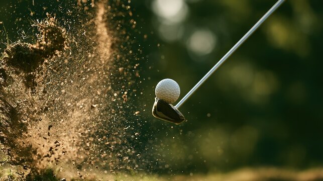 Action close‑up of golf swing at impact moment, dimpled white golf ball against dark clubhead, flying dirt grass clippings splash, diagonal silver shaft, soft blurred green foliage background
