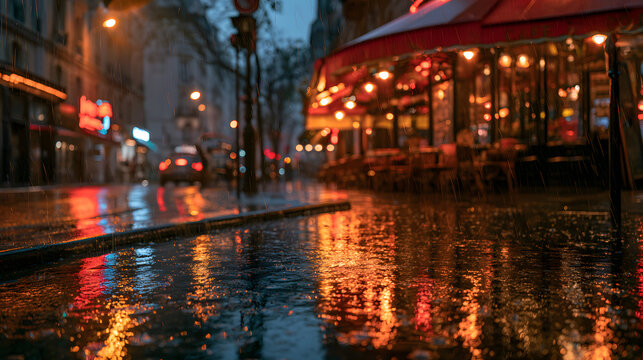 Reflective Wet Street in Paris at Night with Cafe Lights and Raindrops Creating a Warm Atmosphere