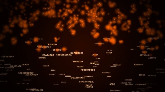 Hex Data Dust: An abstract digital animation featuring glowing orange particle clouds and floating hexadecimal data codes against a dark background, representing cyberspace and data processing.