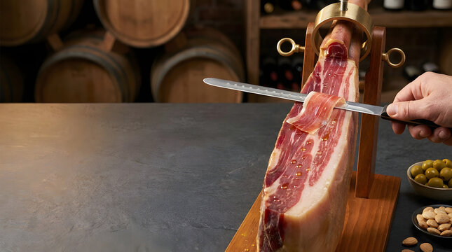 Precision Slicing of Cured Jam&oacute;n Ib&eacute;rico Ham on Wooden Stand