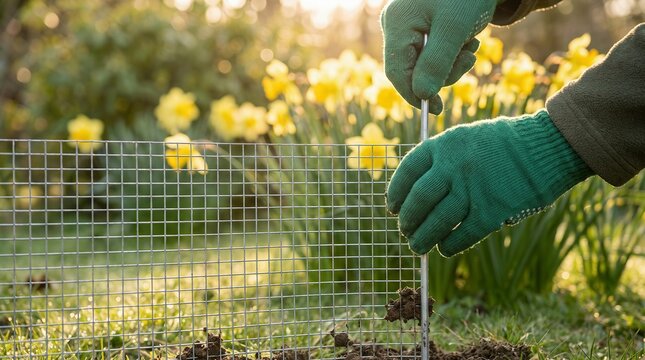 Gardening hands installing wire mesh fence in sunny spring garden with daffodils, for plant protection or property boundary.