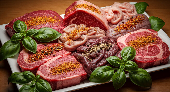Assortment of raw meat cuts, including steak and offal, garnished with basil and spices, showcasing preparation for cooking, a gourmet meal concept
