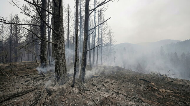 Forest aftermath of wildfire with smoke rising from charred ground in desolate woodland, illustrating environmental destruction and climate impact.