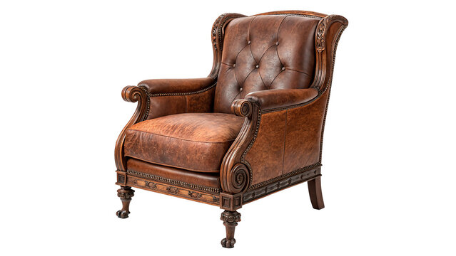 Classic vintage brown tufted leather armchair luxury home furniture isolated on transparent background