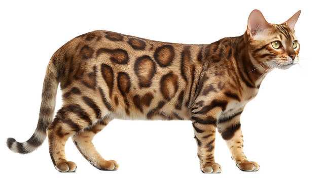 A bengal cat standing and looking to the side on a white background with domestic stripes profile animal mammal feline brown black spots with green