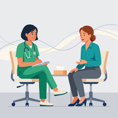 Obraz premium Doctor consulting a patient, mental health session with therapist, medical consultation, flat vector illustration